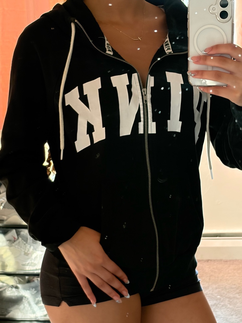 Victoria's Secret Black Zip-Up Teddy Jacket with White Logo